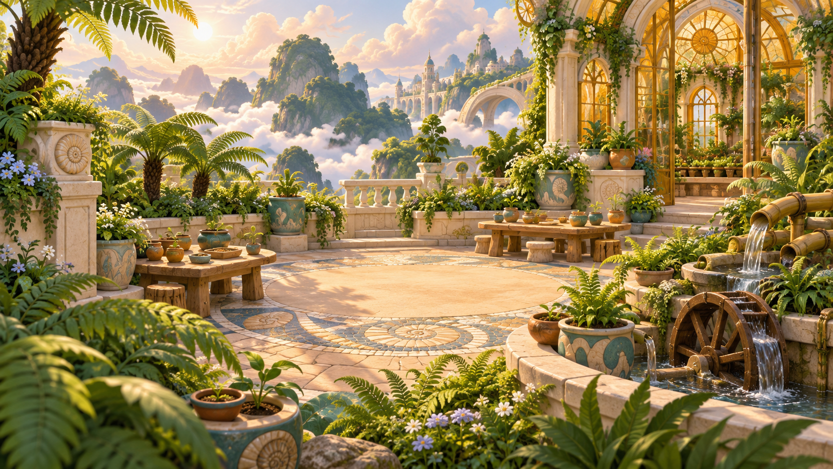 A sunny Sky City greenhouse with fern gardens, clay pots, and a little waterwheel.