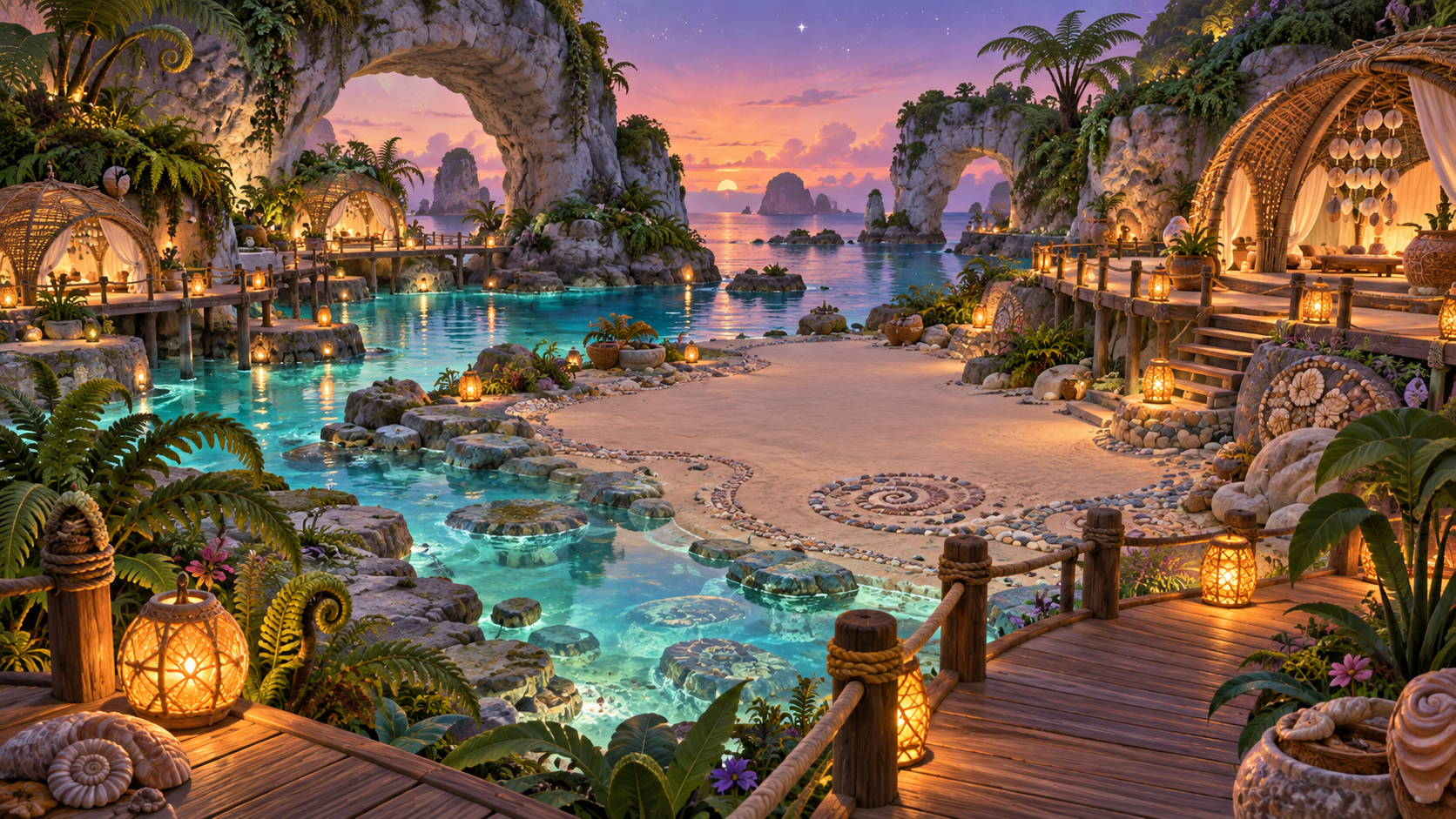 A peaceful cove with glowing covered lanterns, shallow pools, and a peach evening sky.